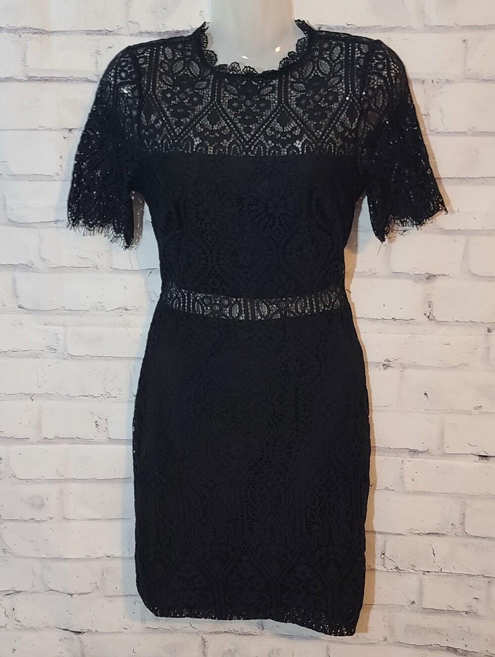 Lulus Black Lace High Neck Short Sleeve Sheath Short Lined Dress 2XS